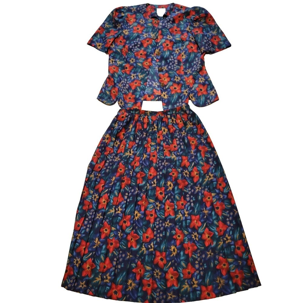 Leslie Fay Set Women Small Cardigan Top Blue Red One Button Midi Skirt Material